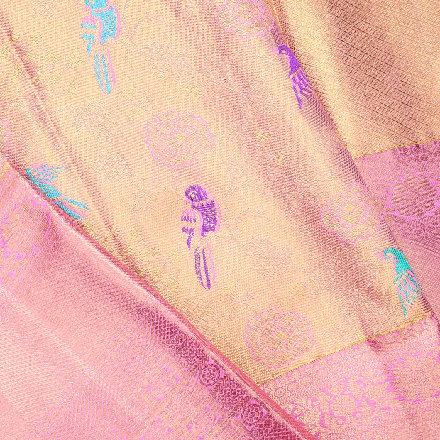 Light Gold Tissue Kanjivaram Silk Saree With Floral And Bird Pattern