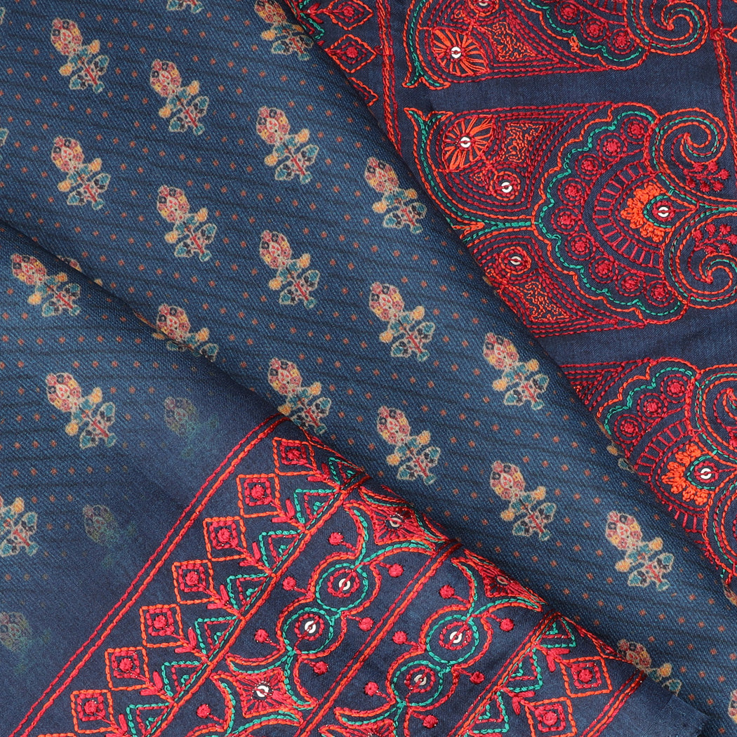 Blue Printed Silk Saree With Floral Embroidery