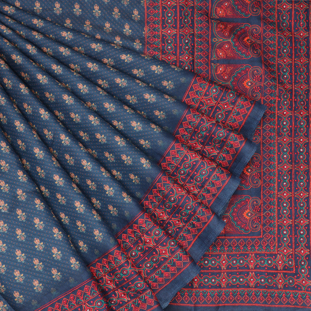 Blue Printed Silk Saree With Floral Embroidery