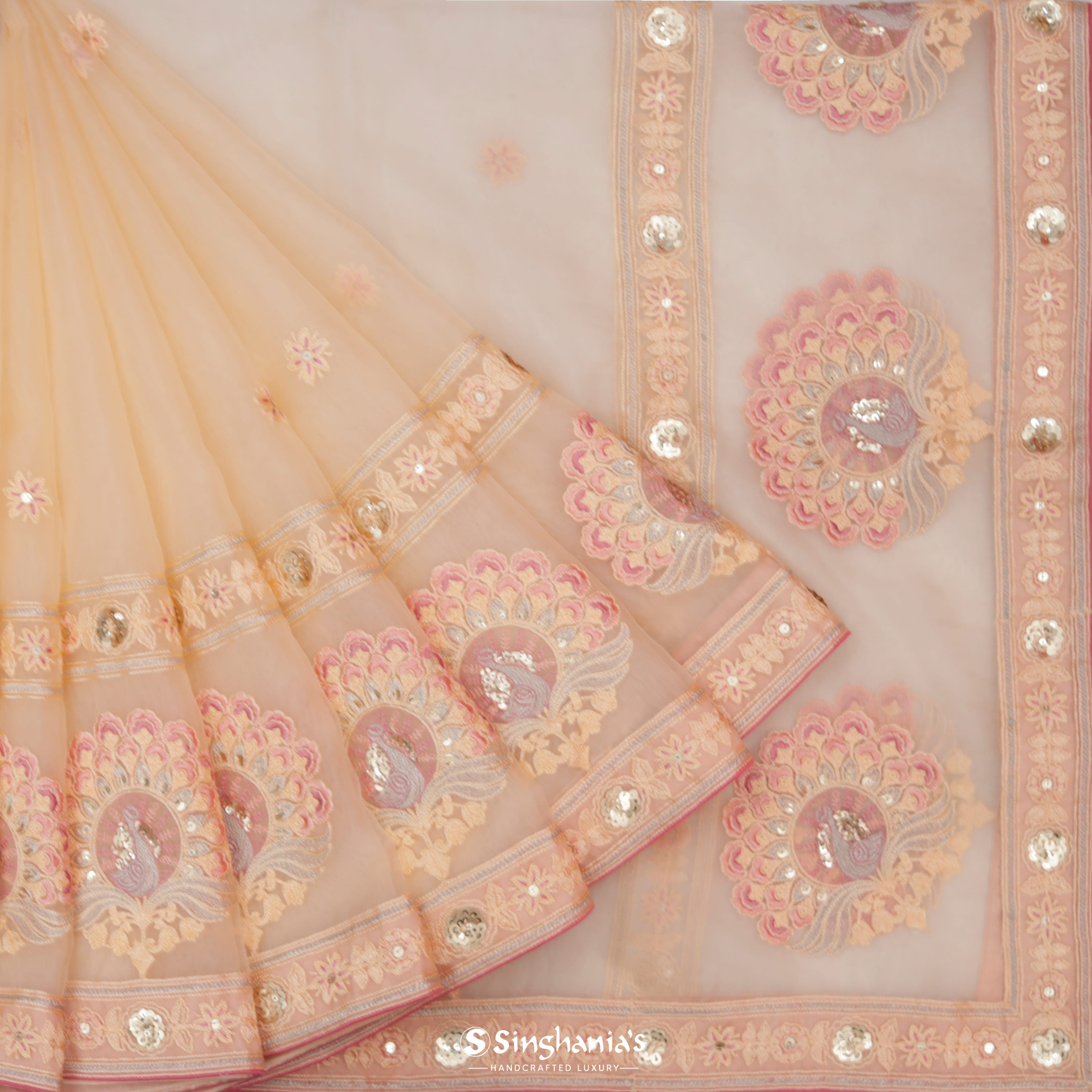 Pastel Peach Organza Embroidery Saree With Floral Embroidery Motifs