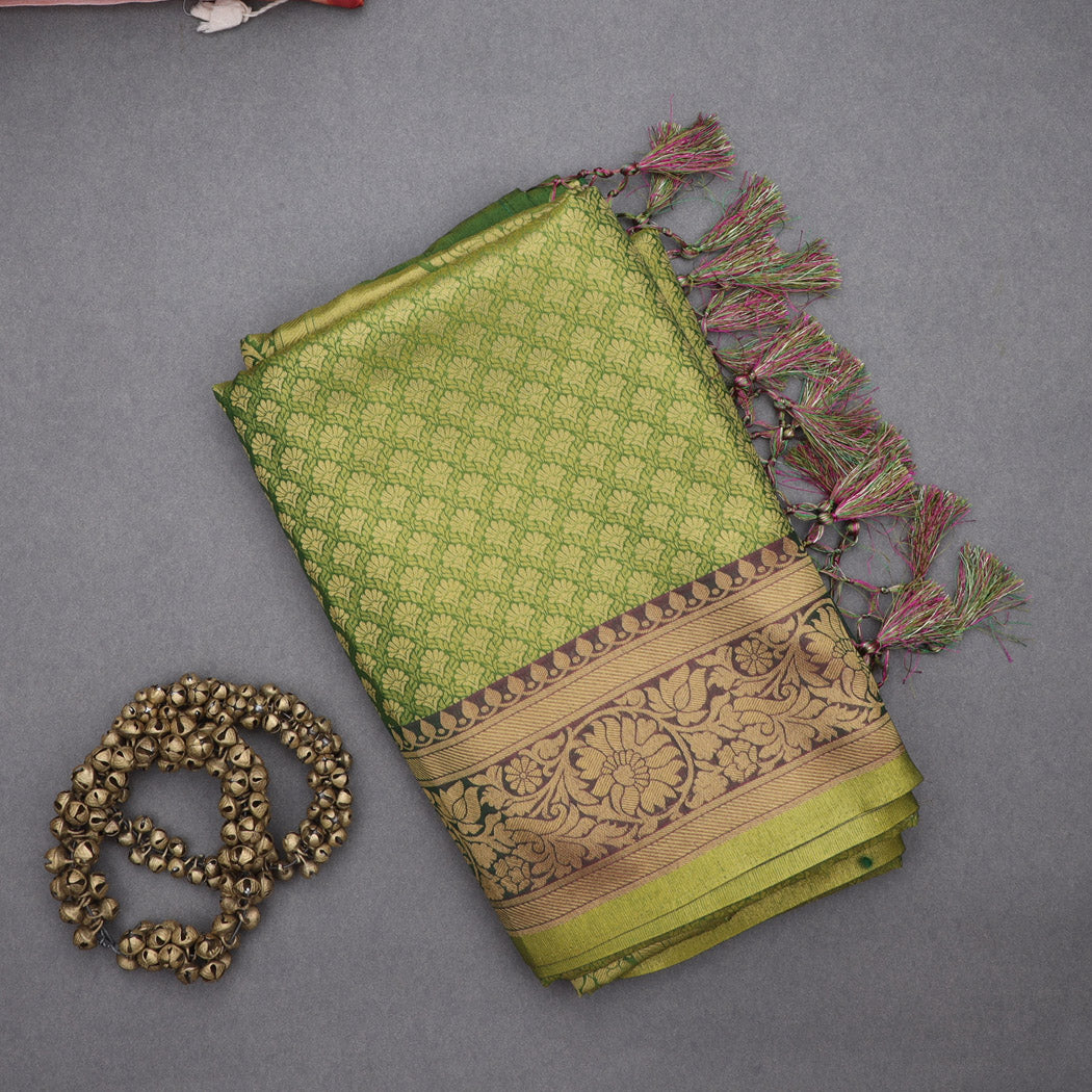 Light Green Silk Saree With Floral Pattern