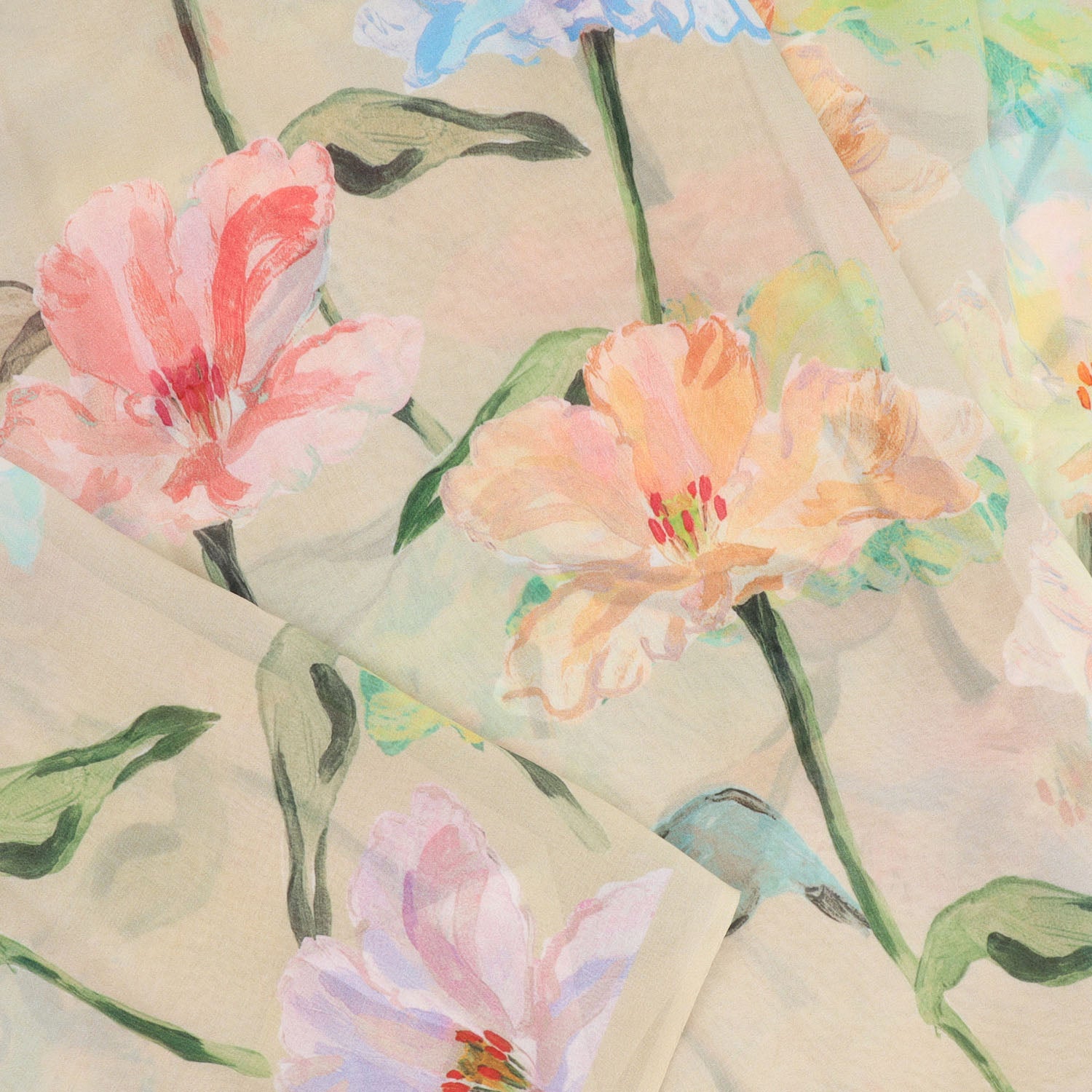 Khaki Beige Georgette Saree With Floral Printed Motifs