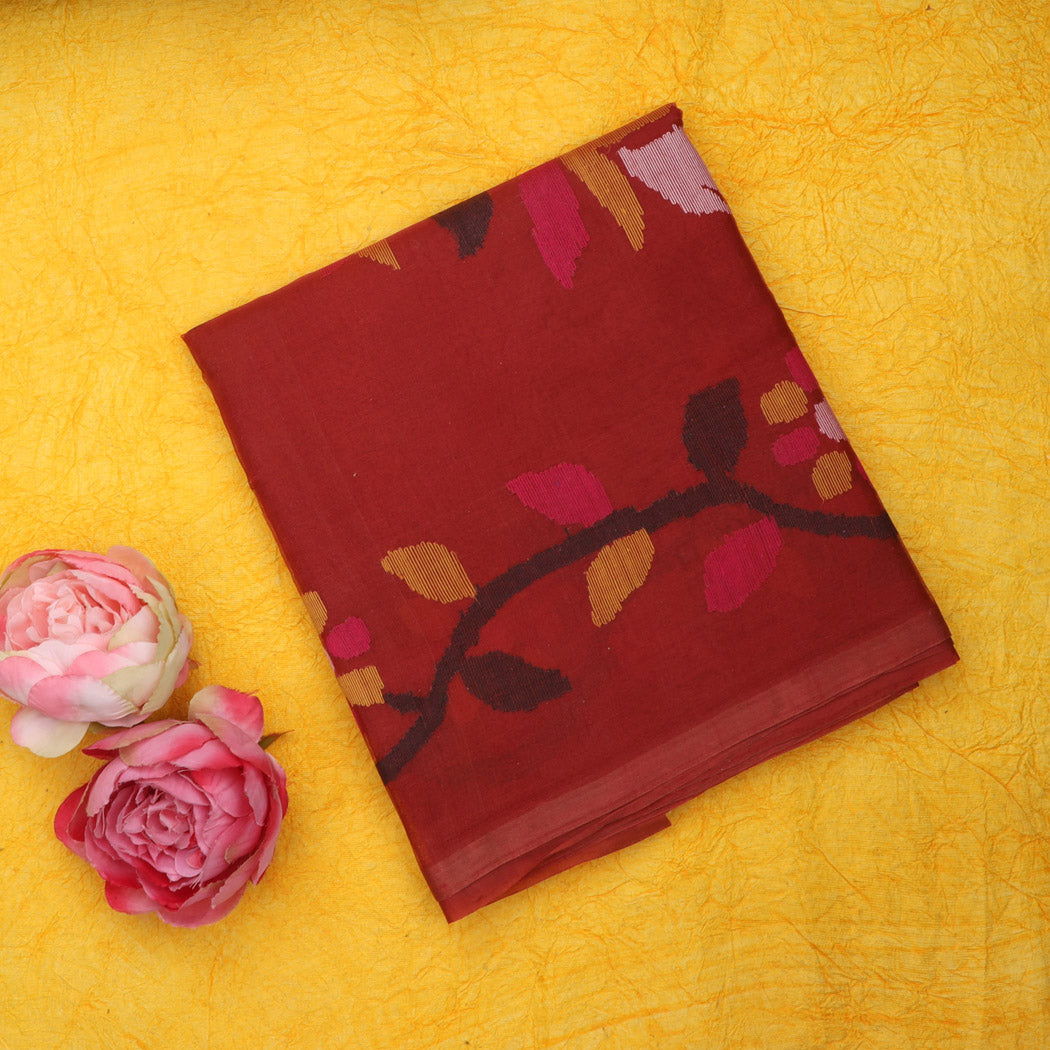 Brick Red Organza Jamdani Saree With Floral Pattern