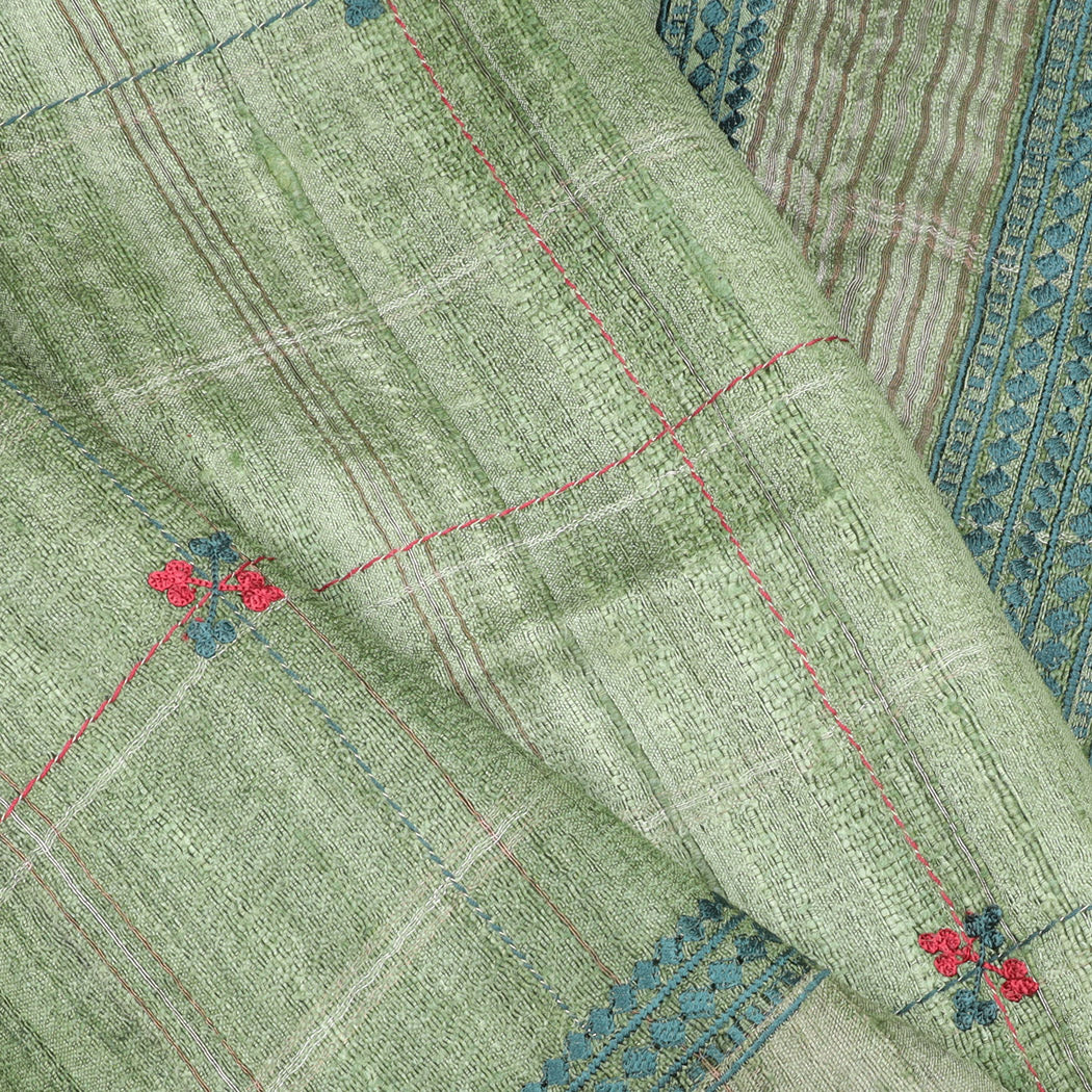 Asparagus Green Tussar Saree With Thread Embroidery Work