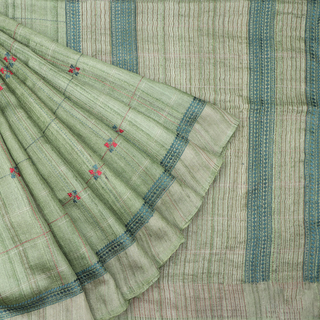 Asparagus Green Tussar Saree With Thread Embroidery Work