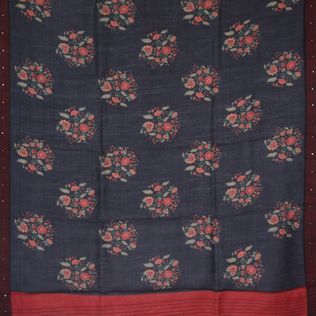 Earthy Lead Black Matka Silk Saree With Floral Printed Motifs