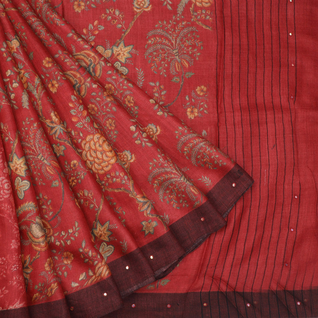 Earthy Red Matka Silk Saree With Floral Printed Motifs