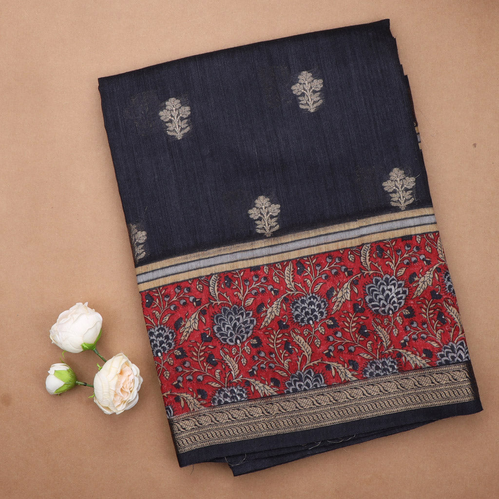 Dark Navy Blue Tussar Embroidery Saree Printed With Floral Border
