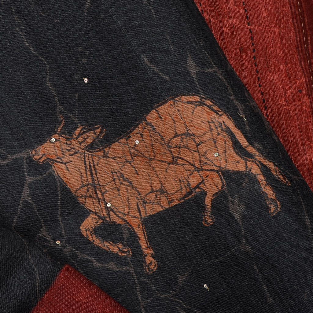 Black Tussar Embroidery Saree Printed With Maan (Deer) Motifs