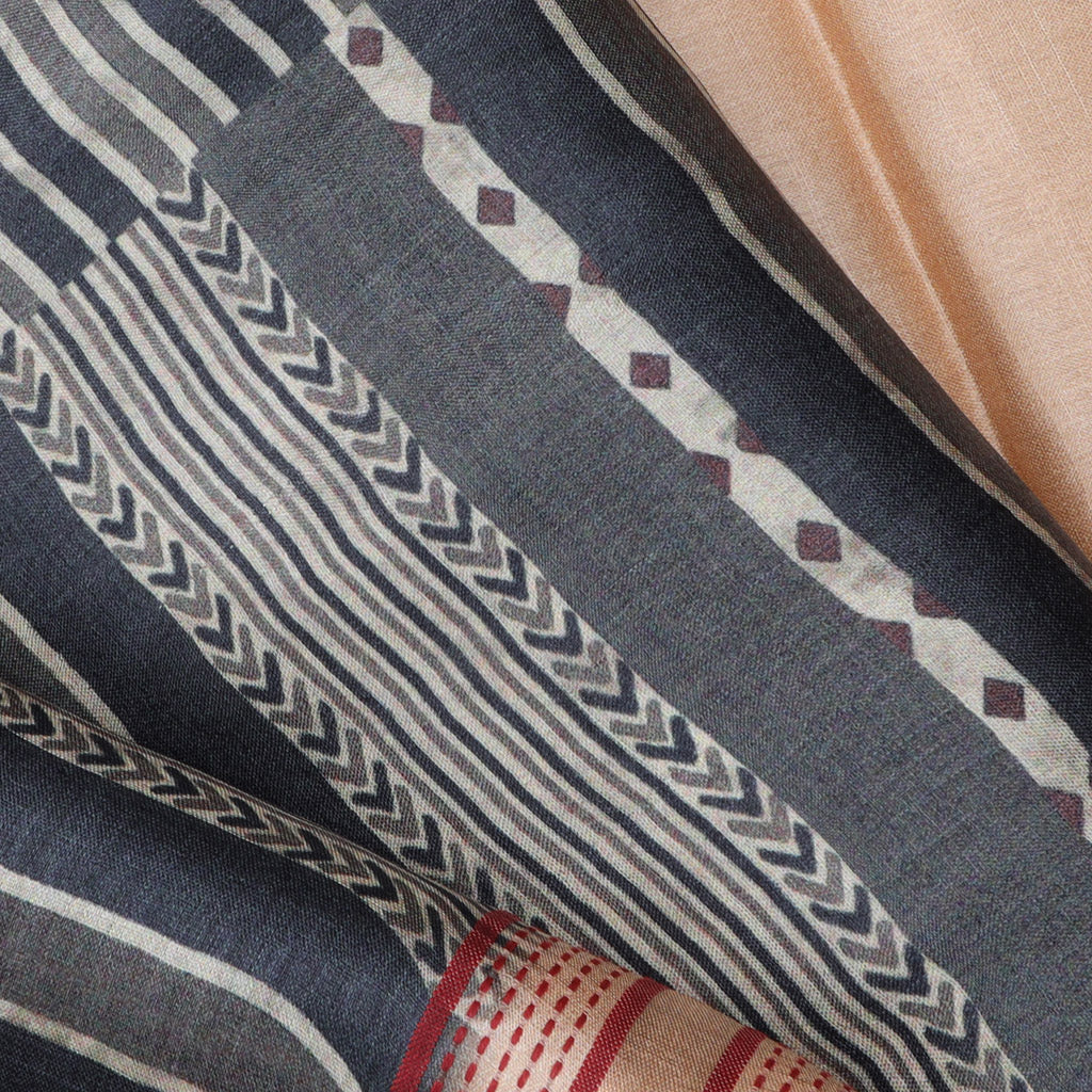 Indigo Blue Tussar Printed Saree Stripes Pattern