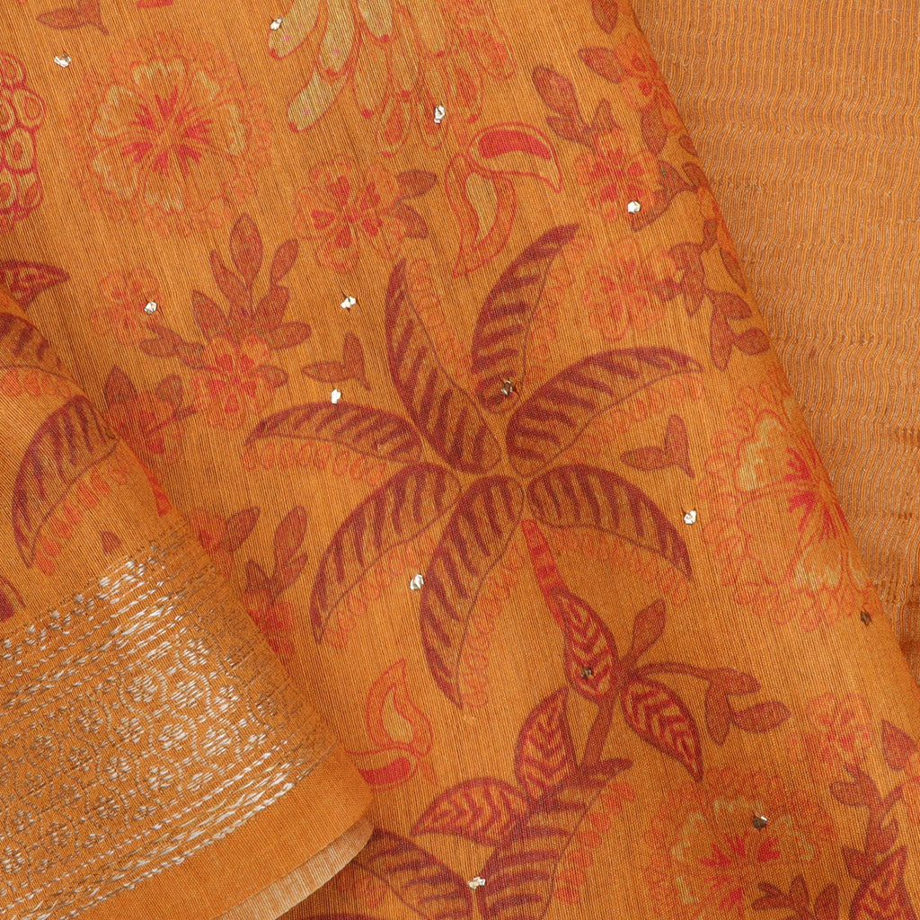 Orange Tussar Printed Saree With Nature Inspired Printed Motif Pattern