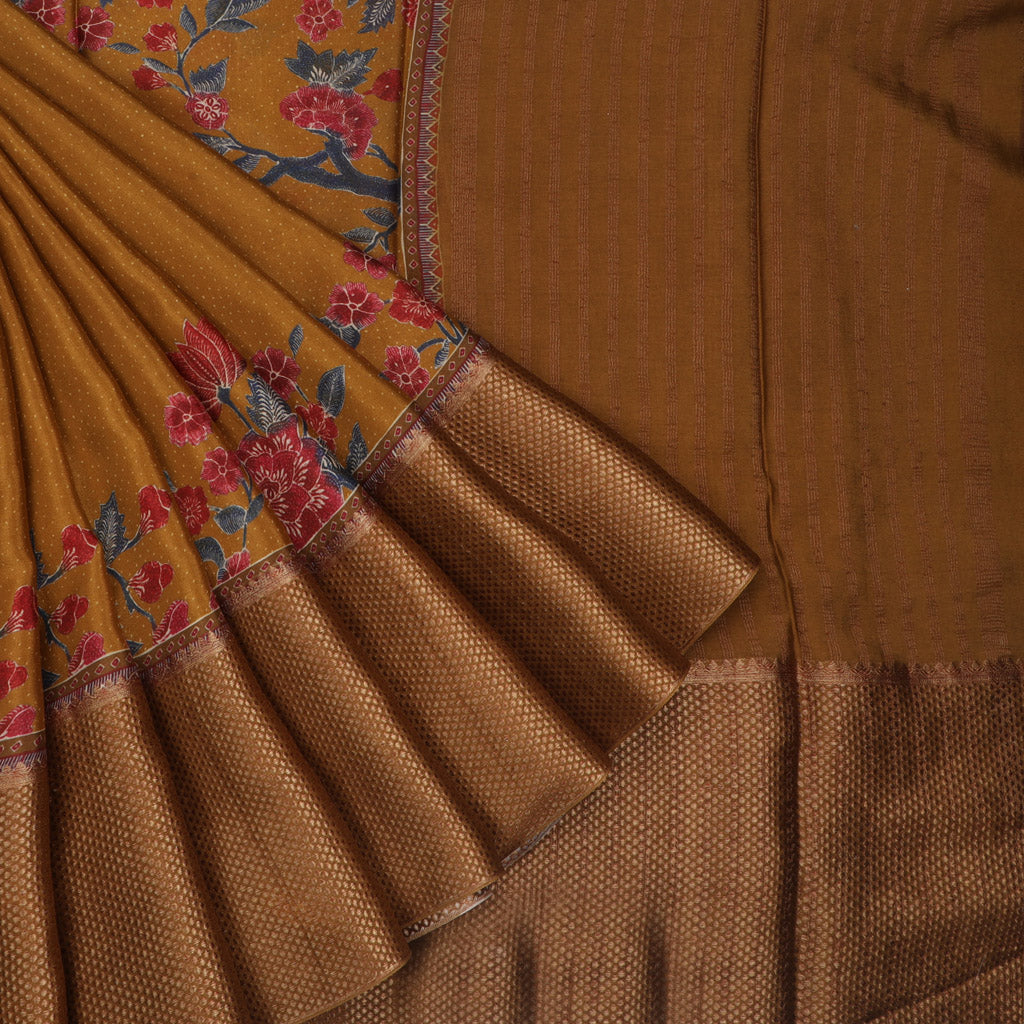Earthy Brown Silk Saree With Floral Printed Motifs