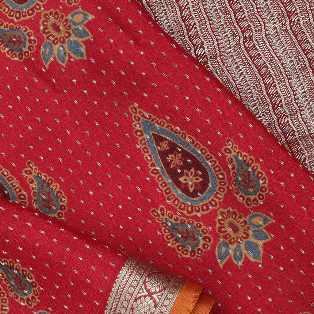 Ruby Red Color Silk Saree With Printed Floral Buttas