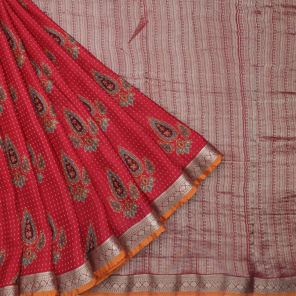 Ruby Red Color Silk Saree With Printed Floral Buttas