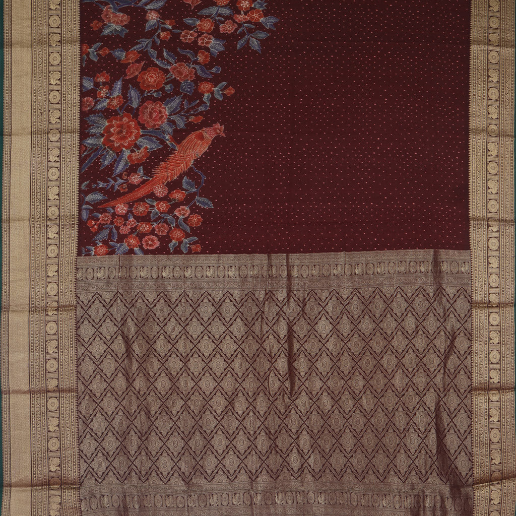Mahogany Red Color Silk Saree With Printed Floral Pattern