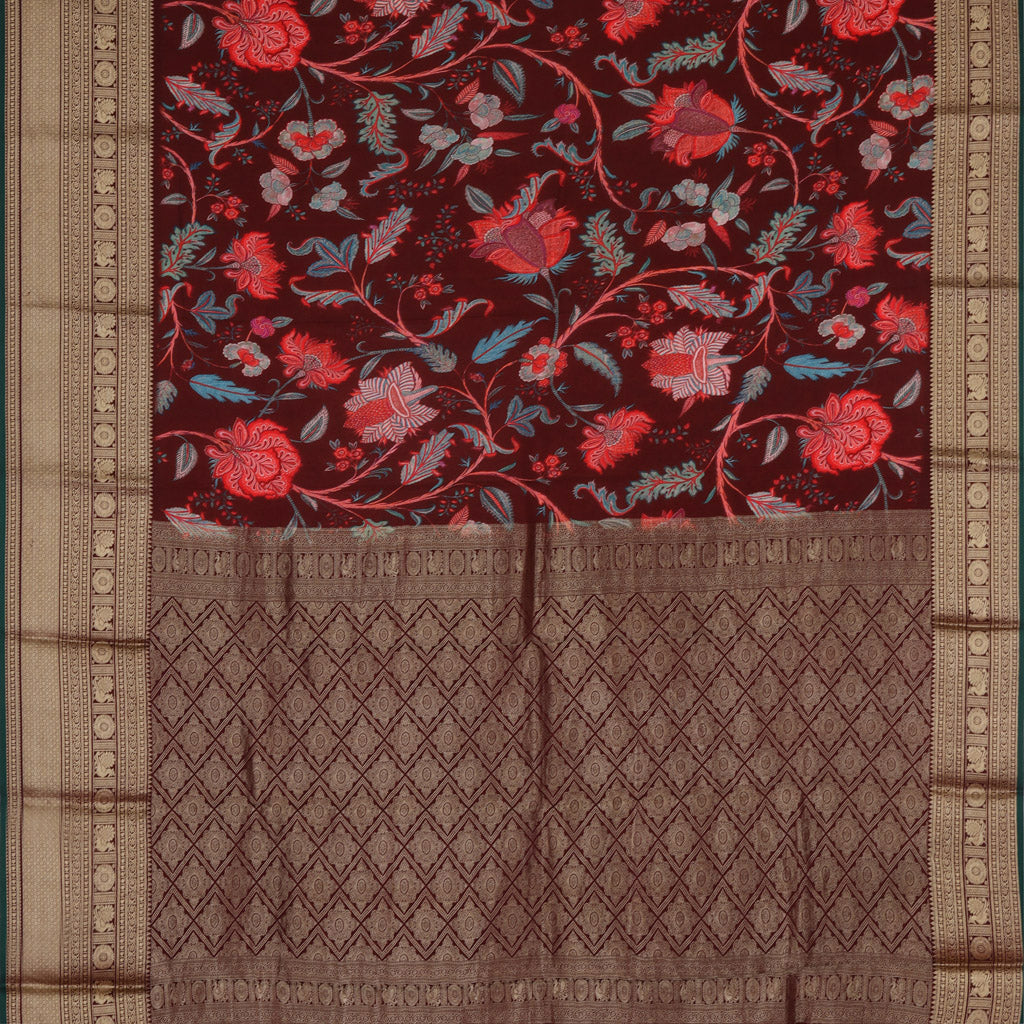 Chocolate Brown Color Silk Saree With Printed Floral Pattern