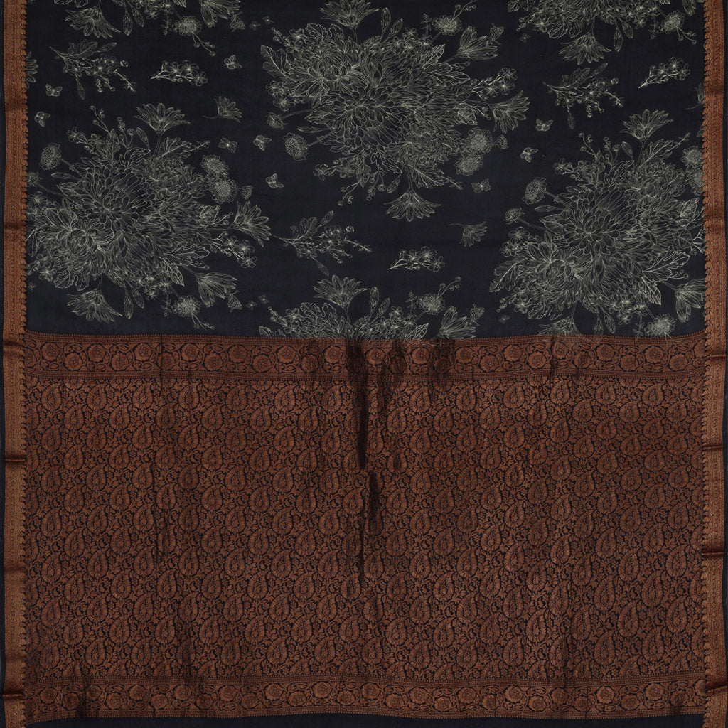 Deep Black Silk Saree With Printed Floral Motifs