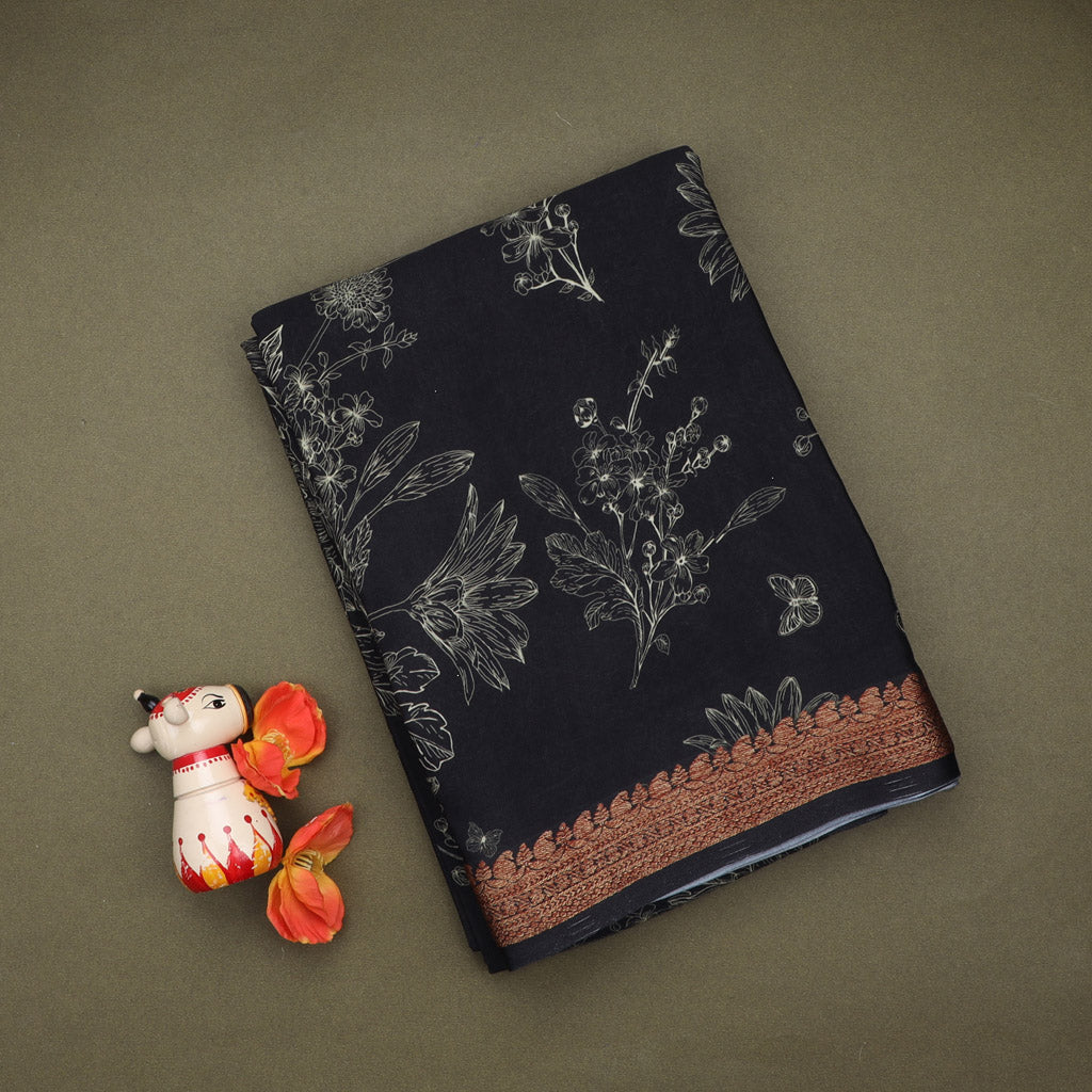 Deep Black Silk Saree With Printed Floral Motifs