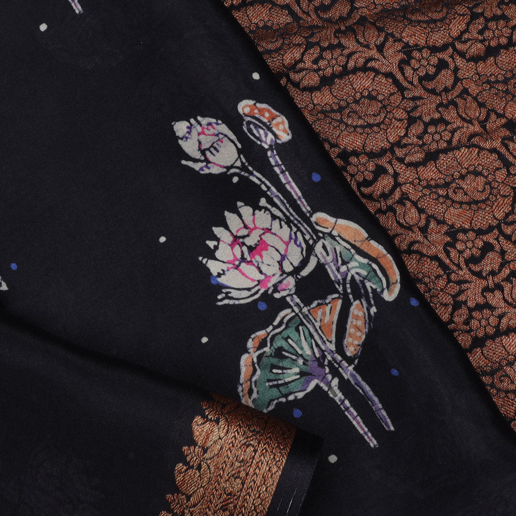 Black Silk Saree With Printed Floral Motifs