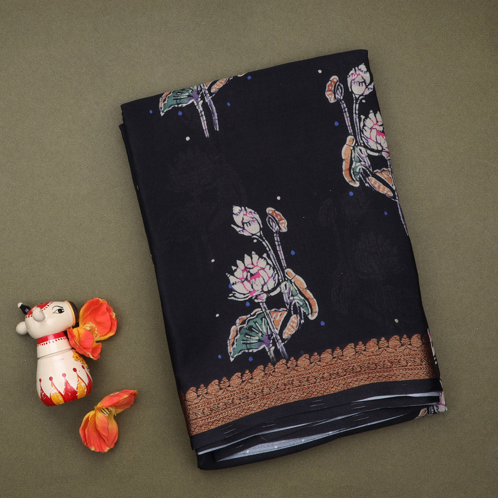 Black Silk Saree With Printed Floral Motifs