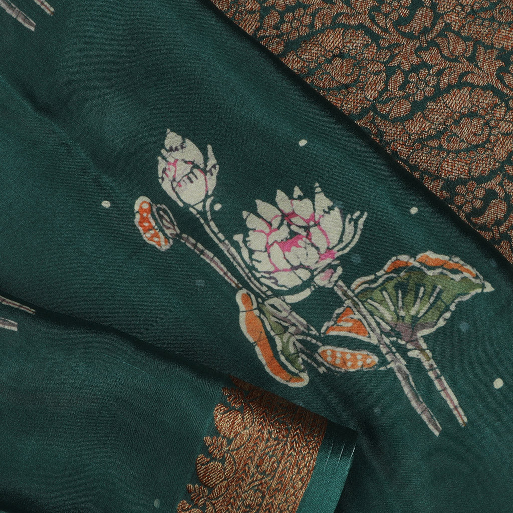 Deep Green Silk Saree With Printed Floral Motifs