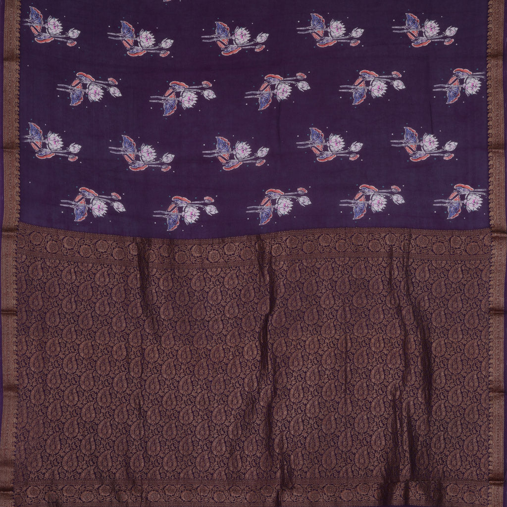 Midnight Blue Silk Printed Saree With Floral Motif Pattern