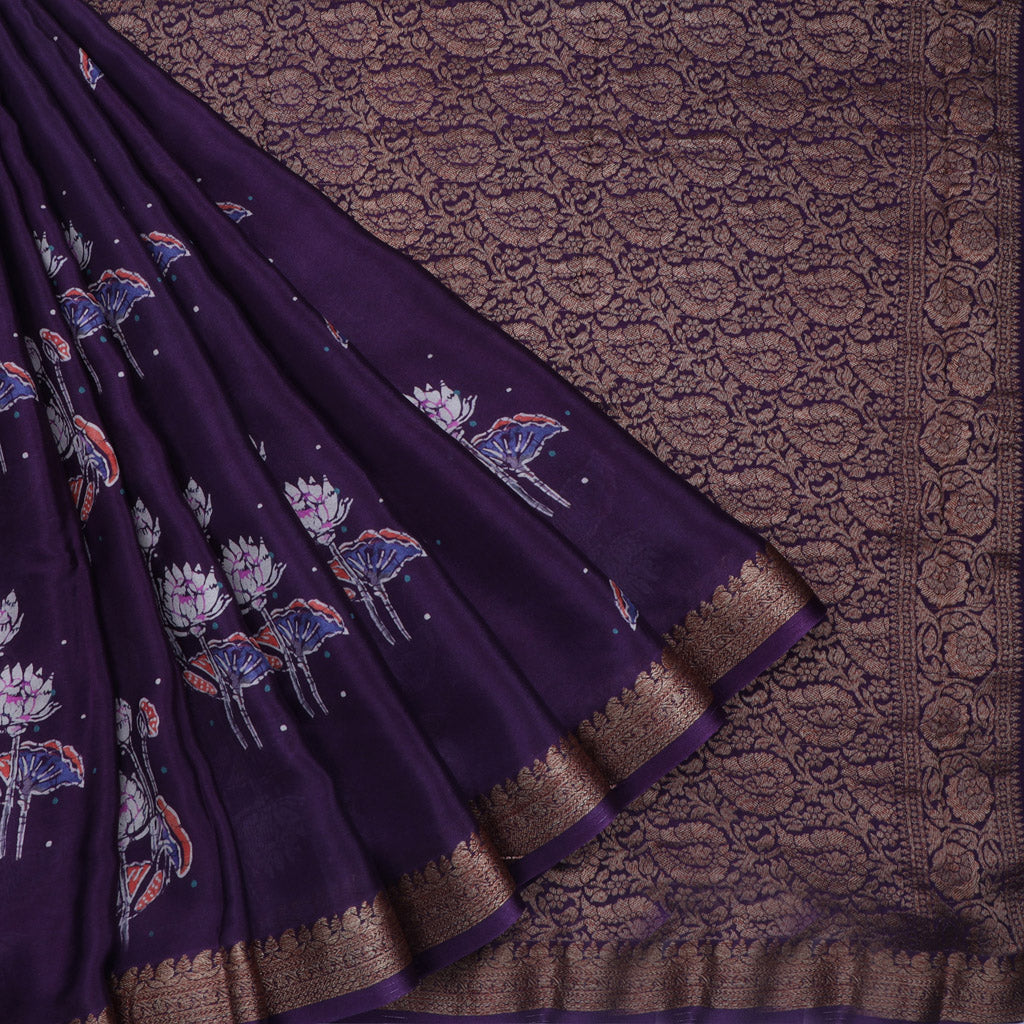 Midnight Blue Silk Printed Saree With Floral Motif Pattern
