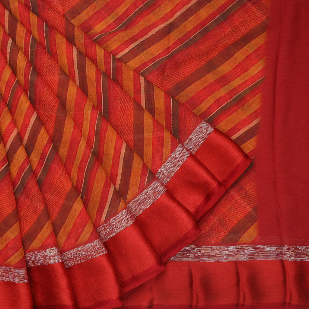 Scarlet Red Color Chiffon Saree With Printed Geometrical Pattern
