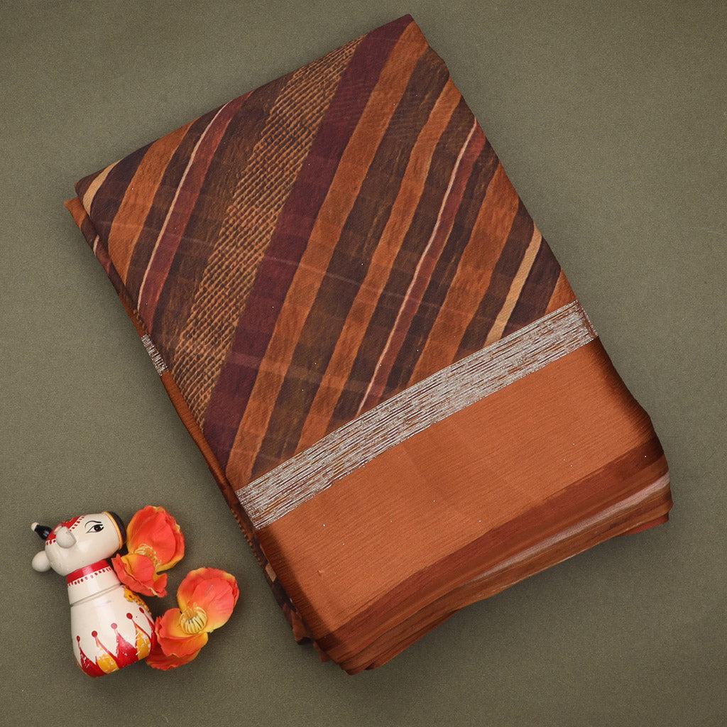 Brown Color Chiffon Saree With Printed Geometrical Stripes