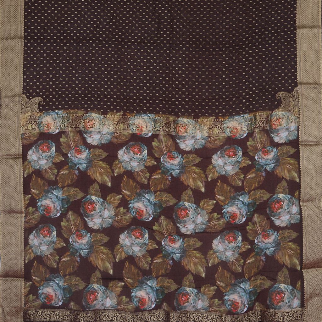 Dark Brown Silk Banarasi Handloom Silk Saree With Tiny Mangai Buttis