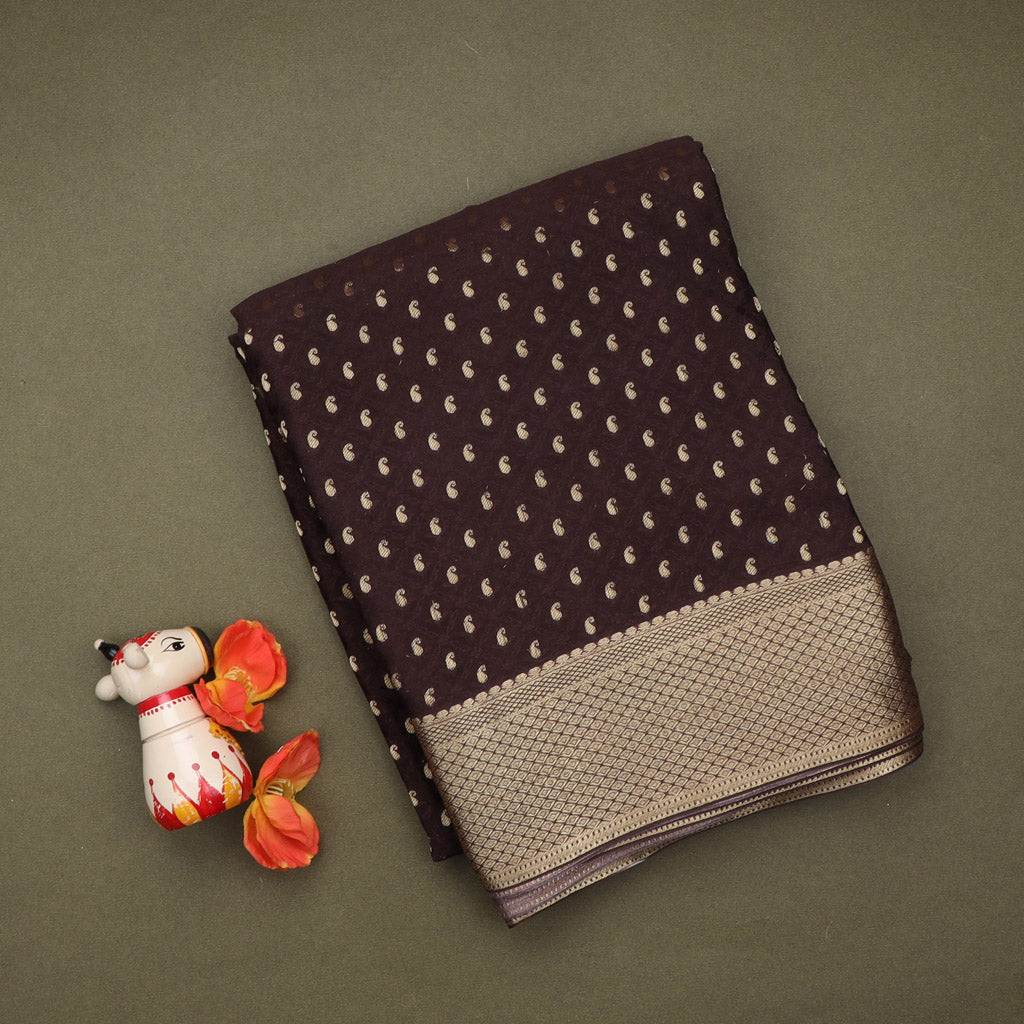 Dark Brown Silk Banarasi Handloom Silk Saree With Tiny Mangai Buttis