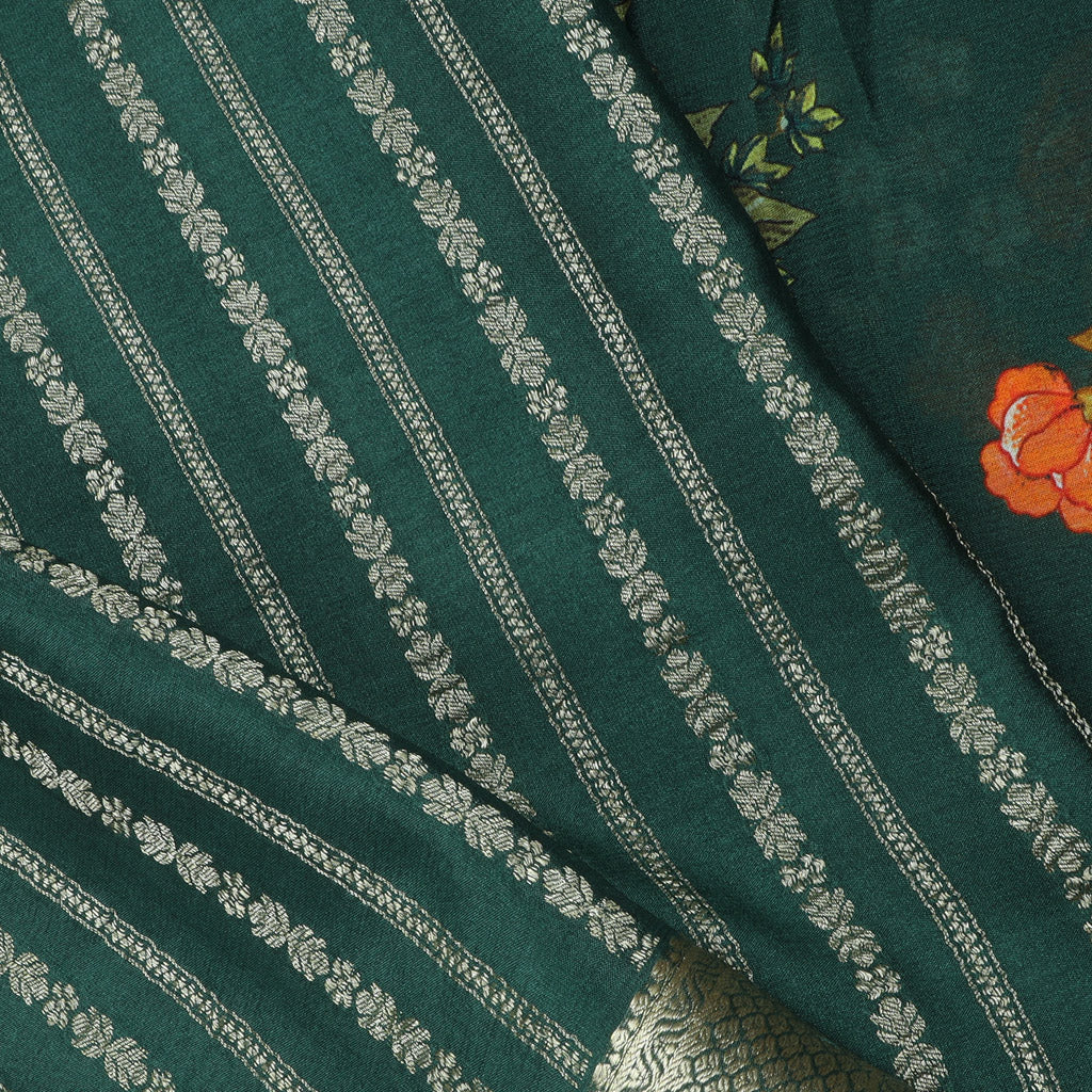 Dark Green Silk Saree With Floral Prints