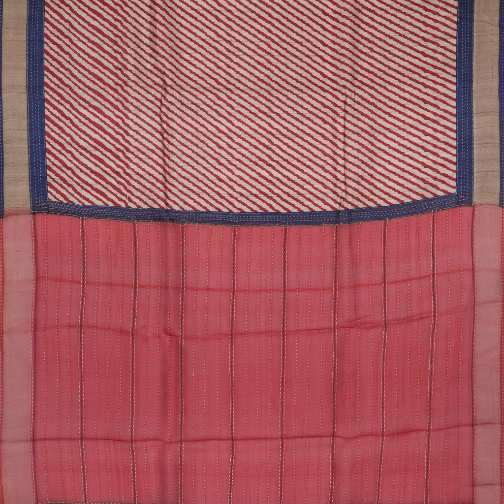 Brick Red Tussar Printed Saree With Stripes Pattern