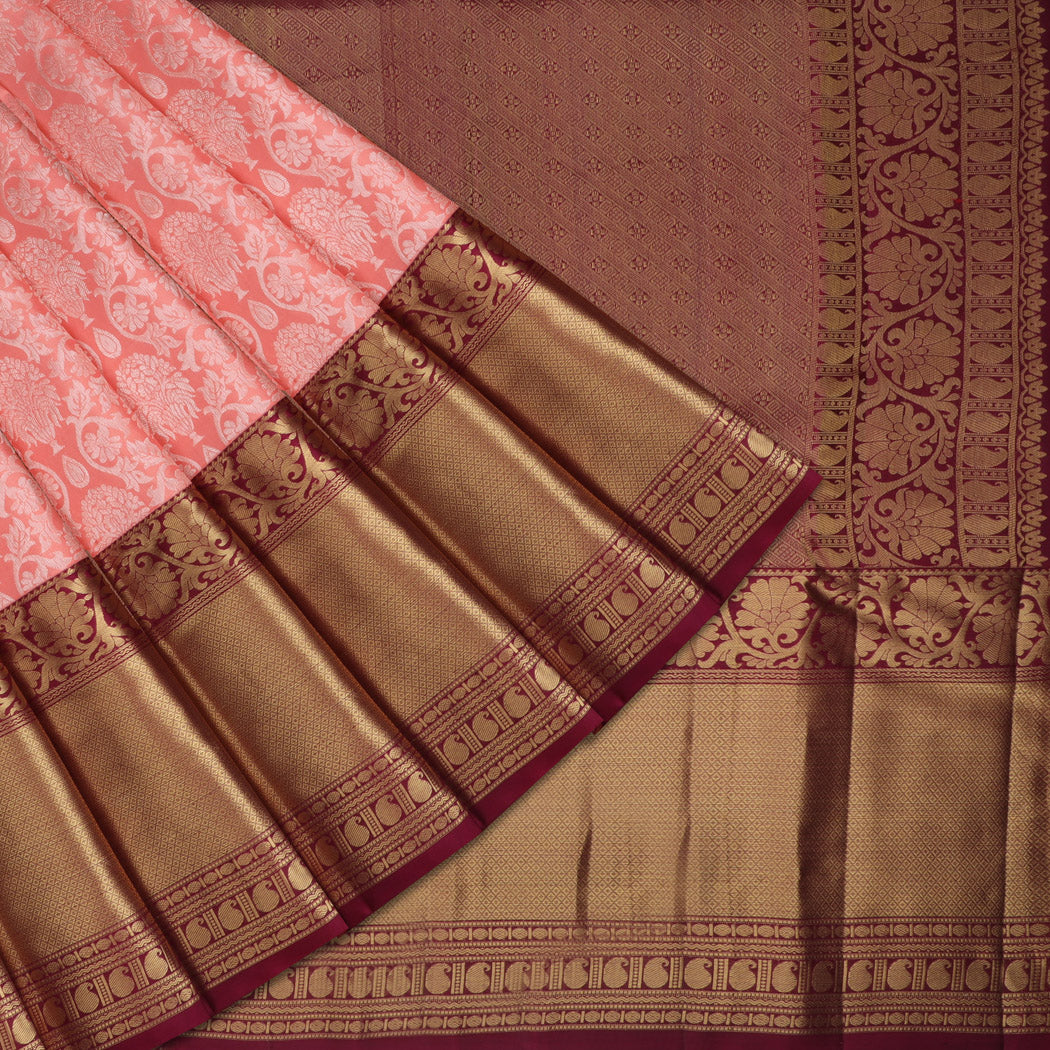 Peach Kanjivaram Silk Saree With Floral Pattern