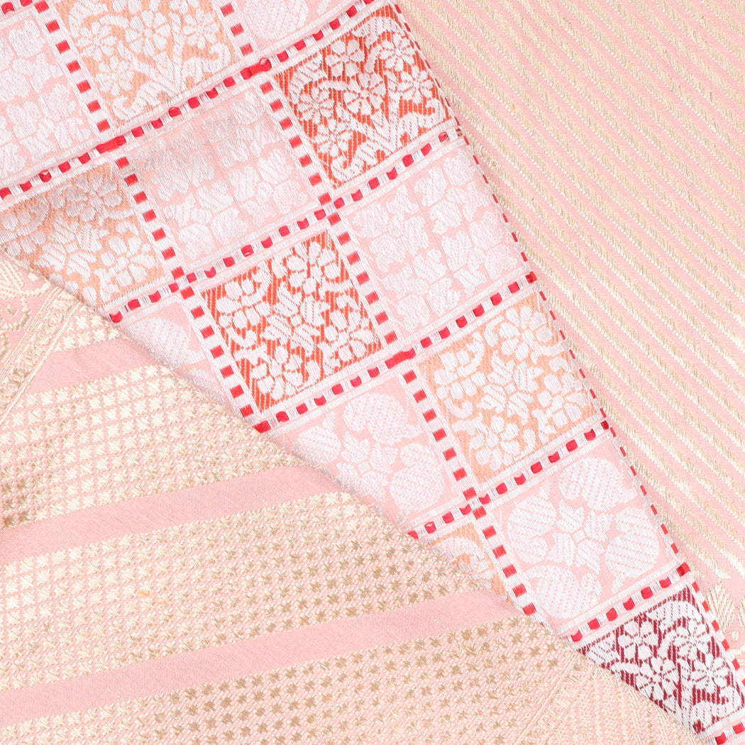 Pale Pink Banarasi Silk Handloom Saree With Floral Pattern