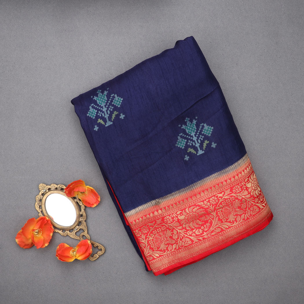 Dark Blue Silk Saree With Floral Motifs