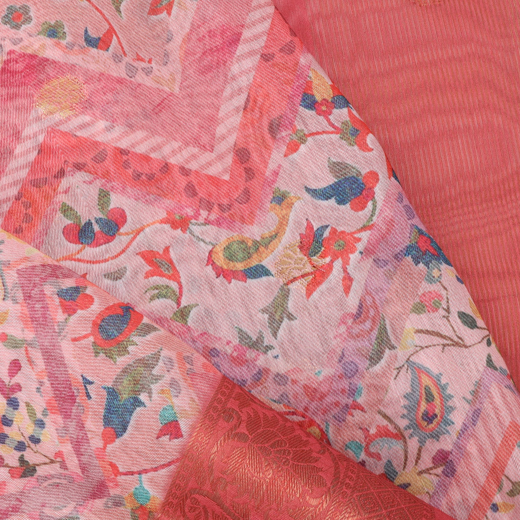 Pastel Pink Cotton Saree With Nature Inspired Printed Motif Pattern