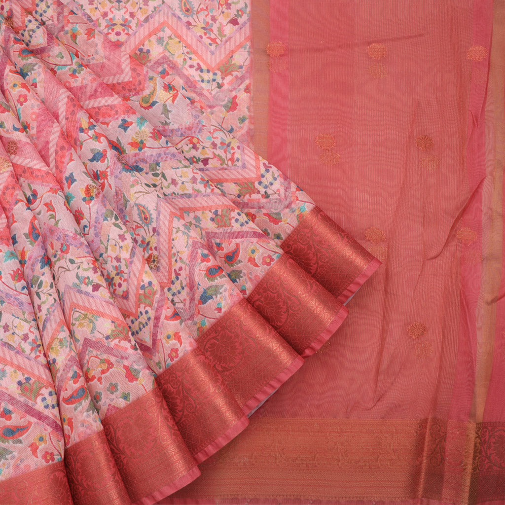 Pastel Pink Cotton Saree With Nature Inspired Printed Motif Pattern