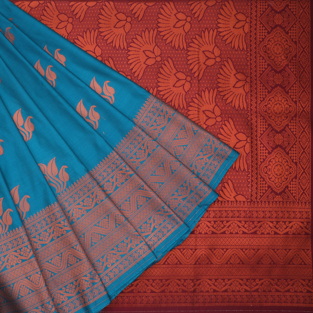 Bright Blue Light Weight Pattu Saree With Leaf Motif