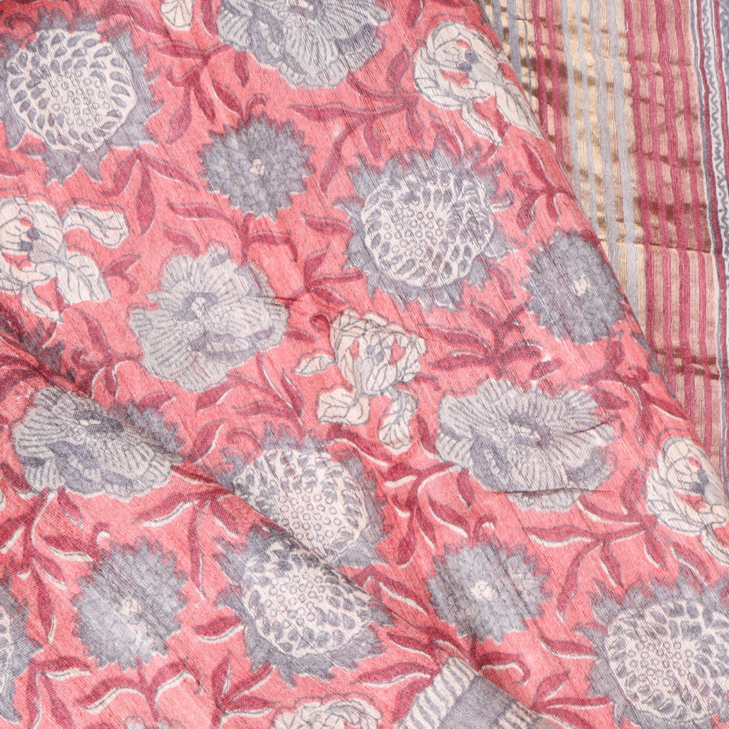 Salmon Pink Tussar Embroidery Saree With Printed Floral Pattern