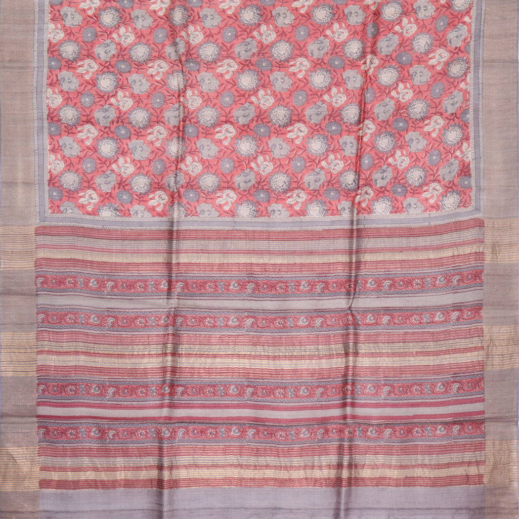 Salmon Pink Tussar Embroidery Saree With Printed Floral Pattern