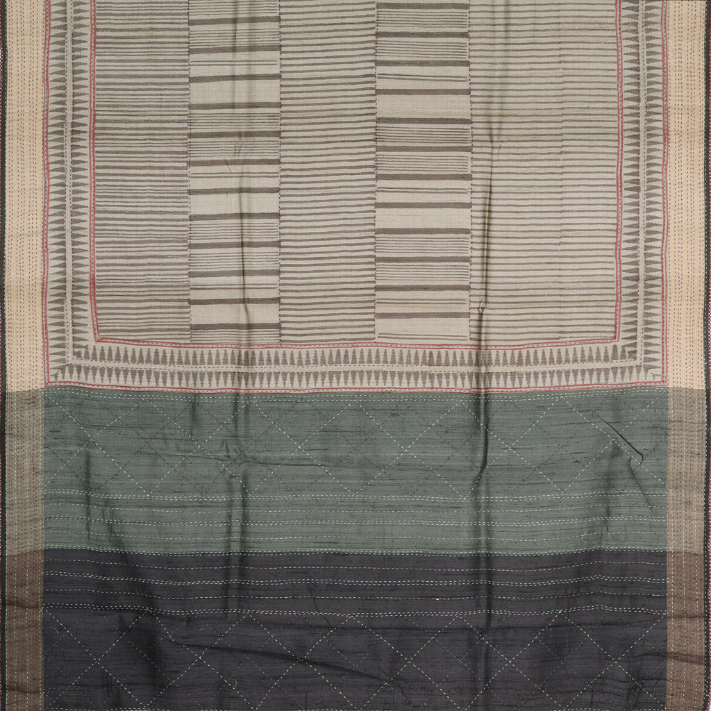 Earthy Green Printed Tussar Saree With Embroidery