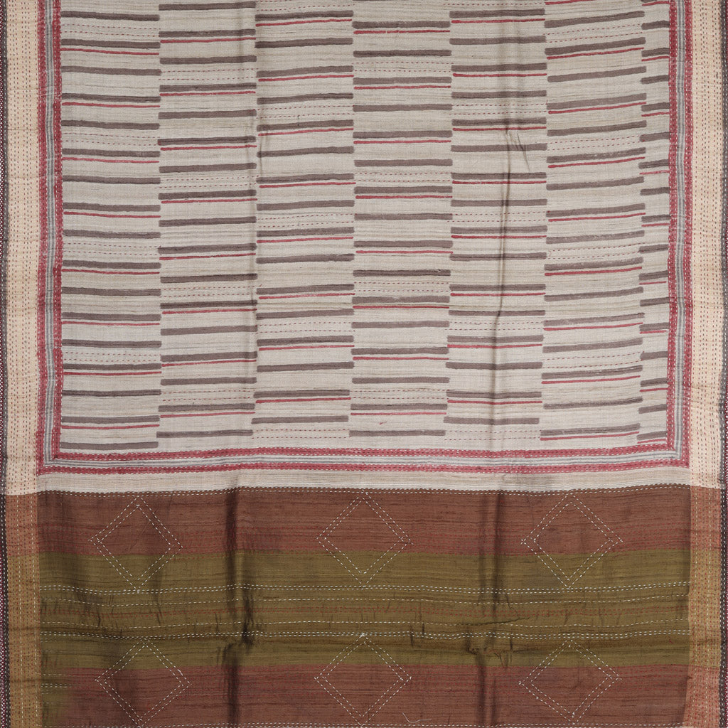 Off-White Printed Tussar Saree With Embroidery