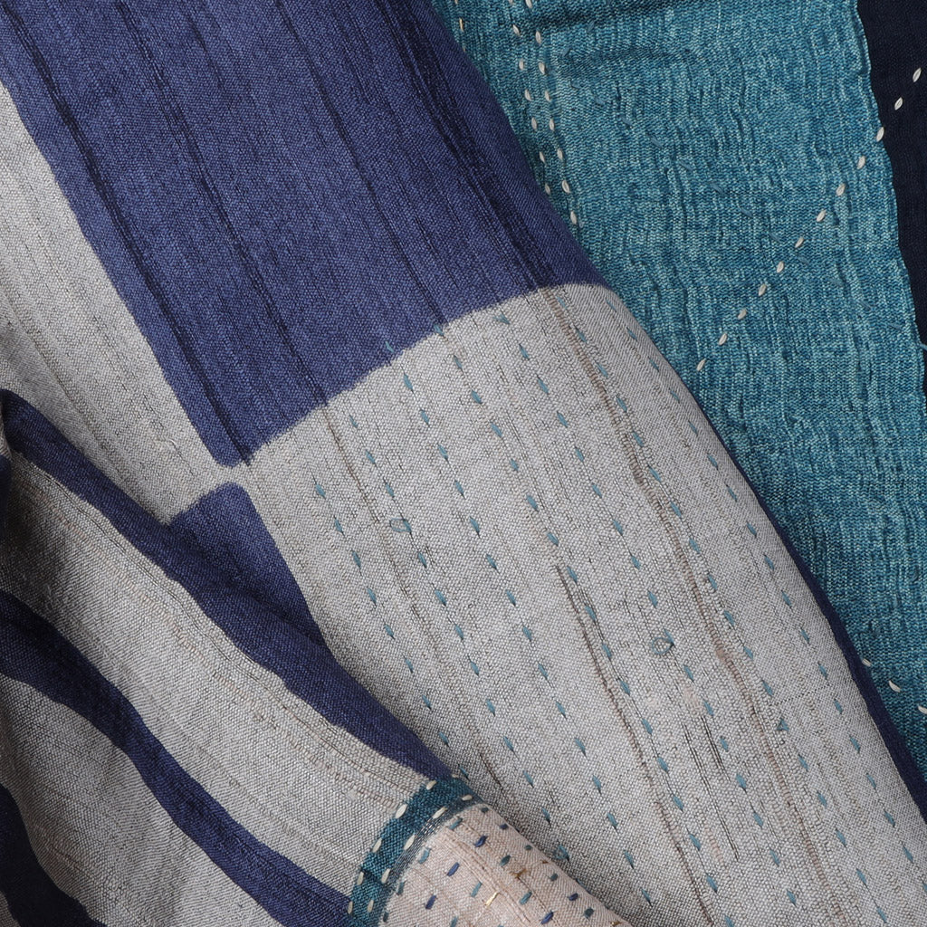 Off-White Blue Printed Tussar Saree With Embroidery
