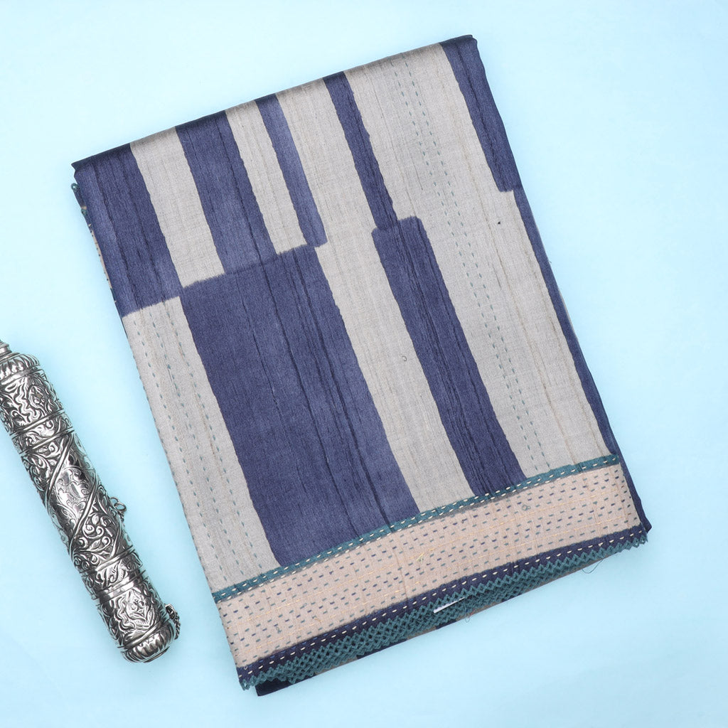 Off-White Blue Printed Tussar Saree With Embroidery