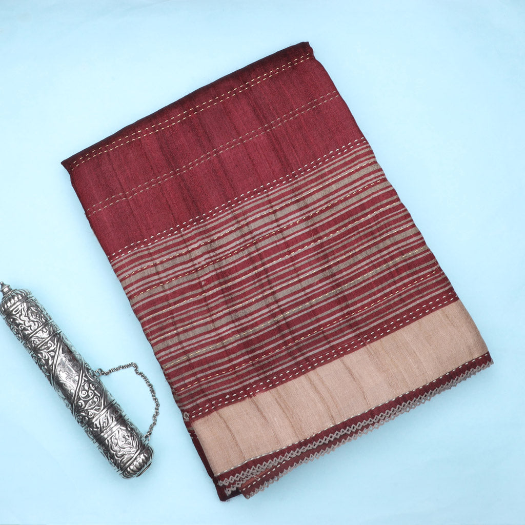 Dark Brown Printed Tussar Saree With Embroidery