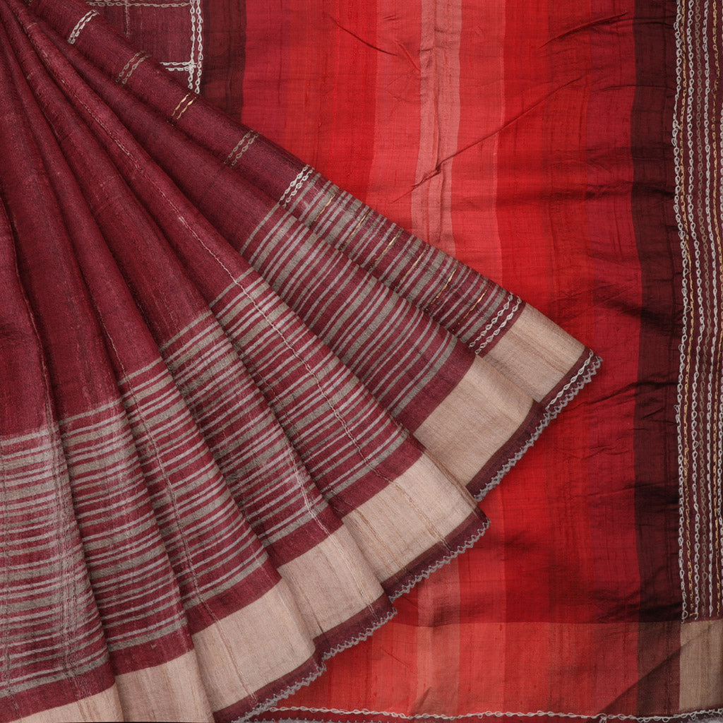 Dark Brown Printed Tussar Saree With Embroidery