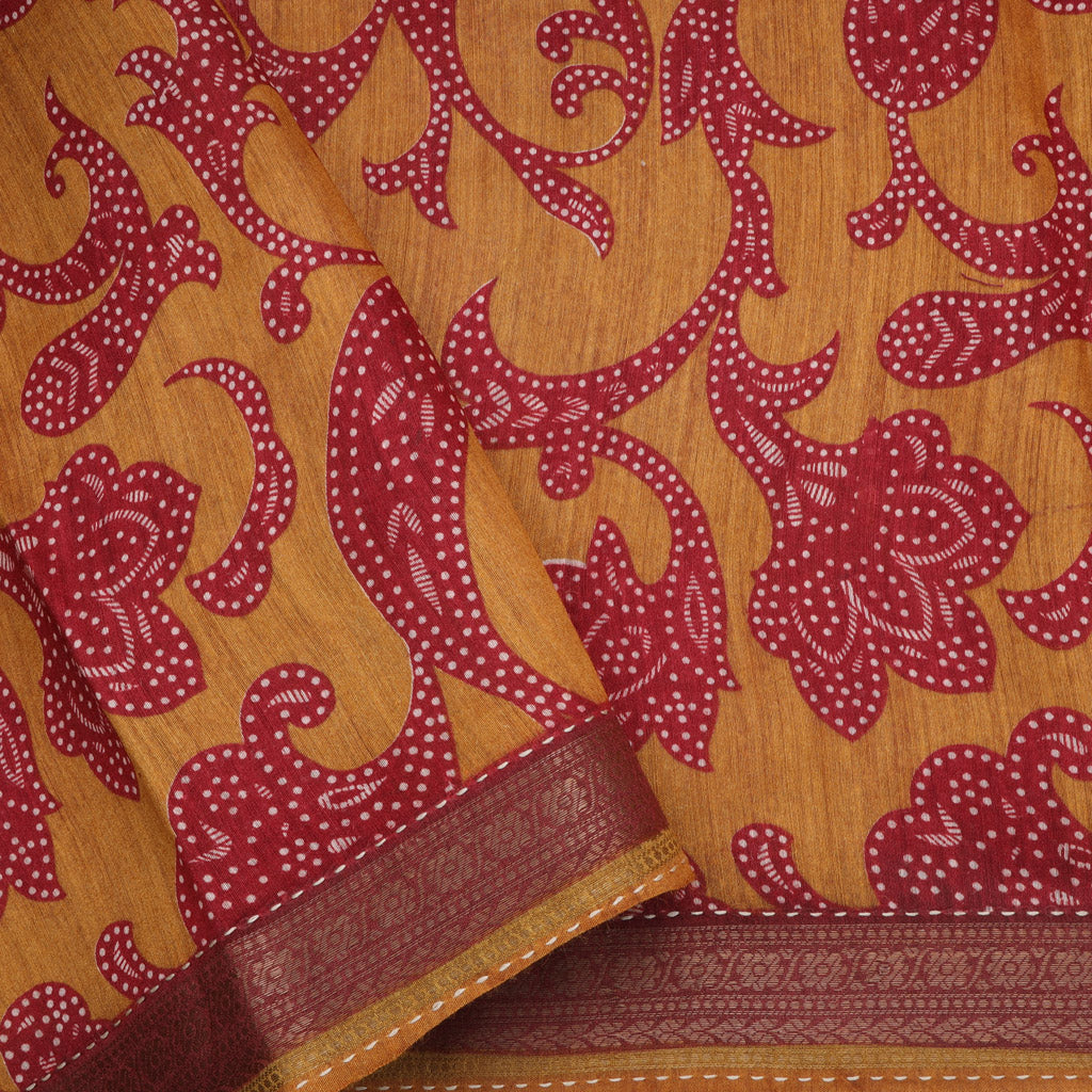 Earthy Orange Printed Tussar Saree With Embroidery