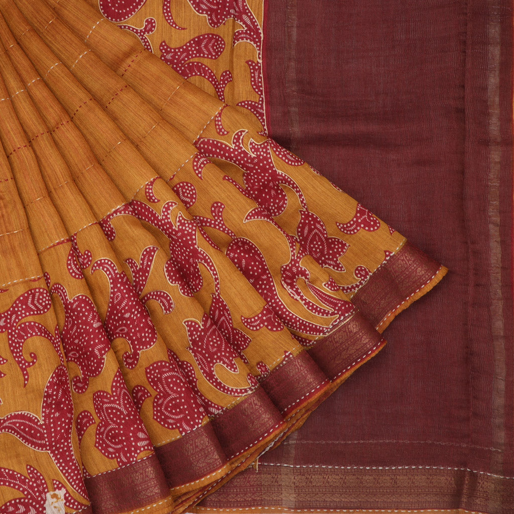 Earthy Orange Printed Tussar Saree With Embroidery