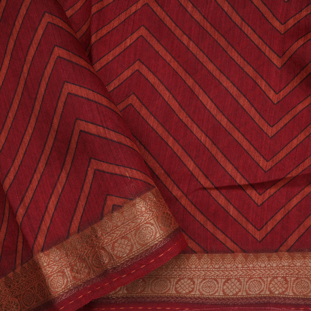 Earthy Red Printed Tussar Saree With Embroidery